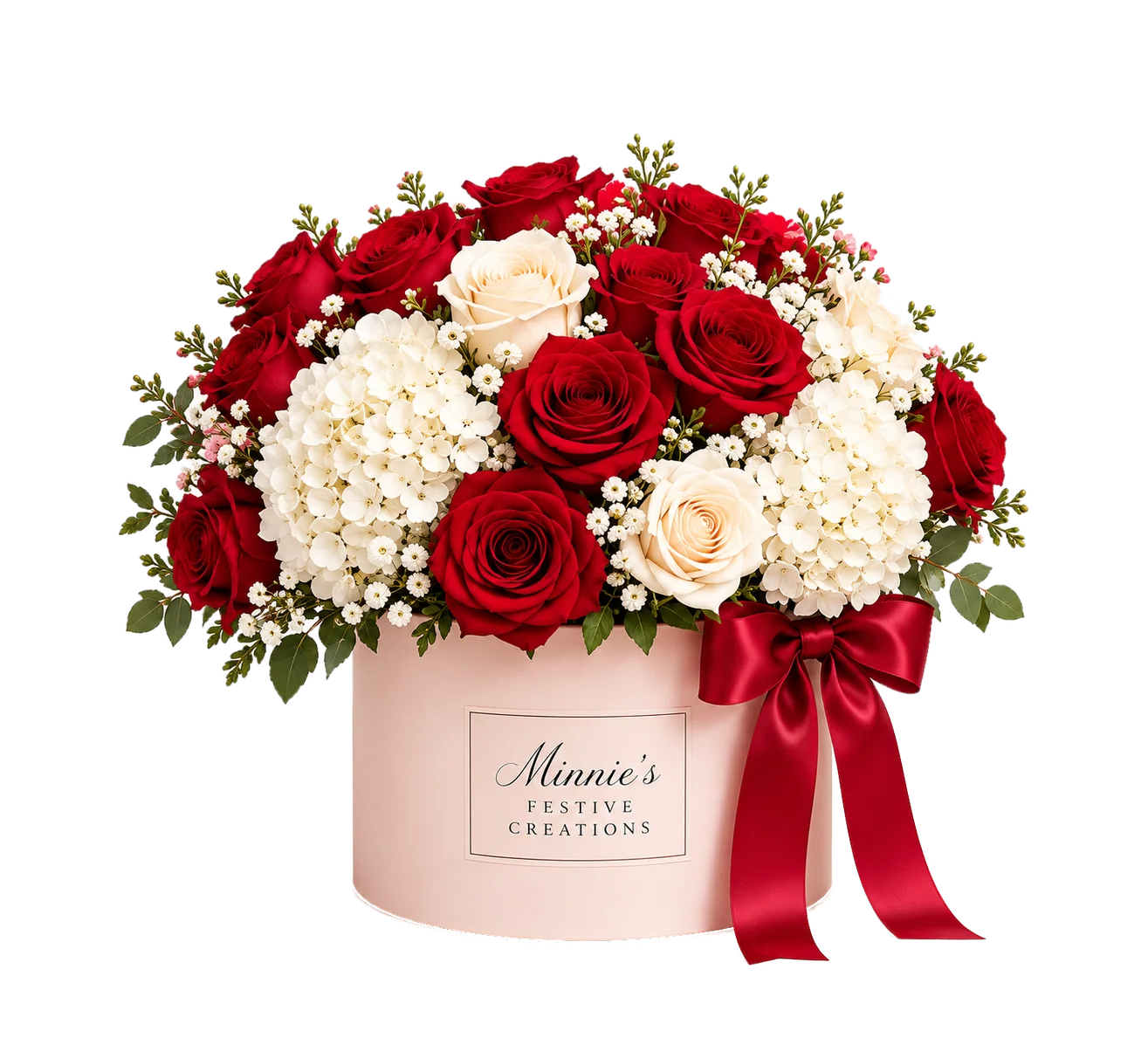 Grand arrangement of red roses and white hydrangea in a round blush box with a red satin bow