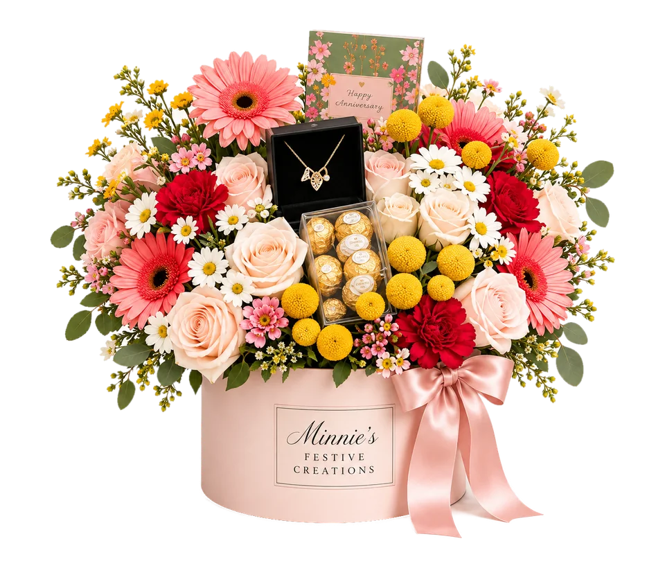 Custom arrangement with gerberas, roses and billy buttons, a gold necklace, chocolates and a Happy Anniversary card in a blush box