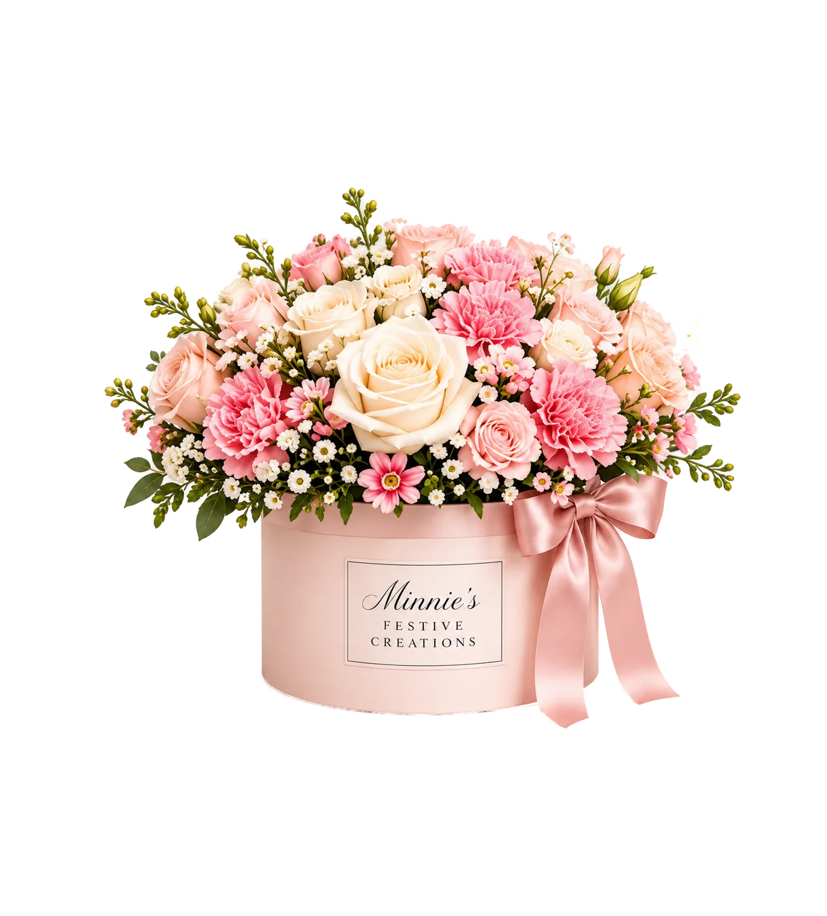 Signature arrangement of cream roses and pink carnations in a round blush box with a satin bow